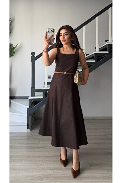 Oslove Bitter Brown Belt Pack Square Collar Denim Dress