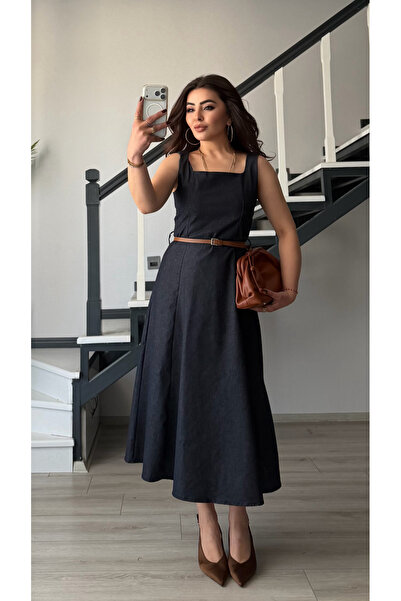 Oslove Navy Blue Belt Pack Square Collar Denim Dress