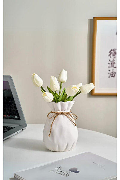 DAY HOME White Ceramic Vase with Pouch Form (Compatible with Live Flowers)