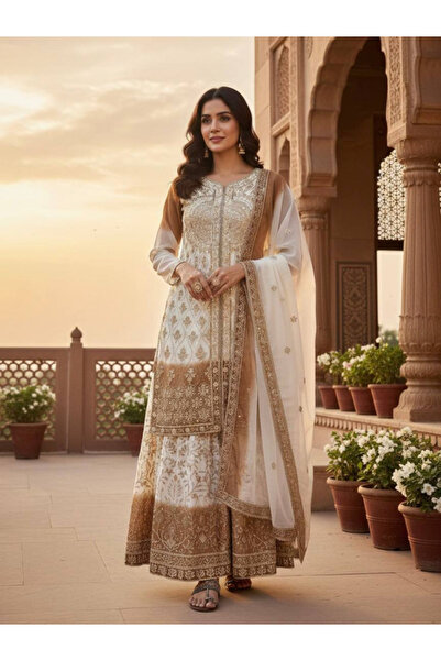 MYSMAR بلوزة بلازو بيضاء من قماش الجورجيت مع شال - FFT7279 - أبيض