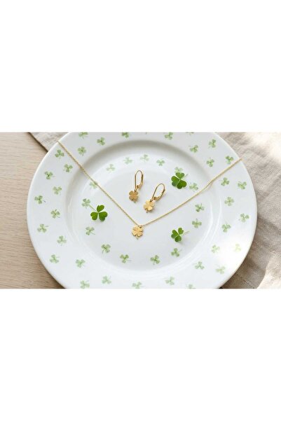 Papatya Silver 925 Ayar Lazer Kesim Yonca Kolye Küpe Set.rose.gold.rodaj