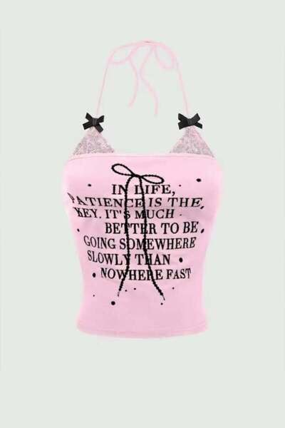 ARS Butik Bow Collar Ek Lace Detail Tie-Detail Pink Printed Y2K Strap Cropped