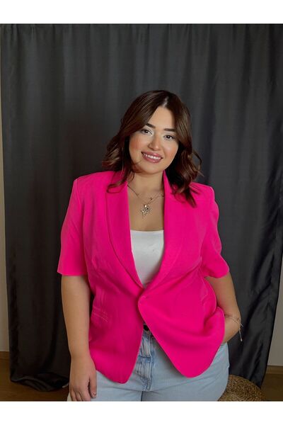 Store Büyük Beden Pembe Astarlı Düğmeli Şık Ceket