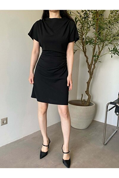 Bade Butik Black Draped Short Sleeve Dress