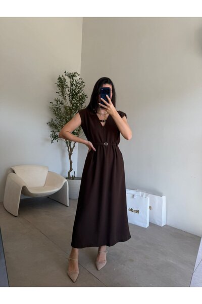 Bade Butik Coffee V-Neck Pocketed Dress