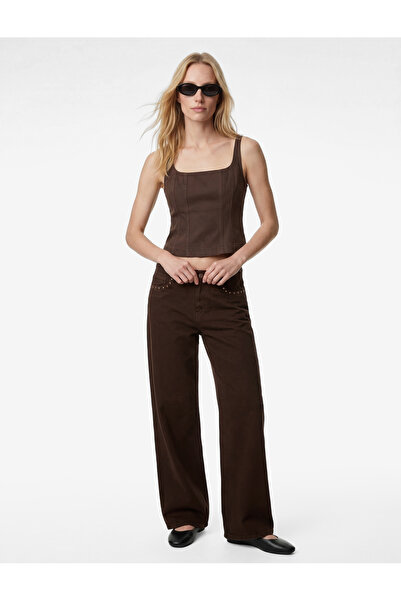 Koton Normal Waist Cotton Buttons Pocketed Trocley Buttons Wide-Leg Pants - L...