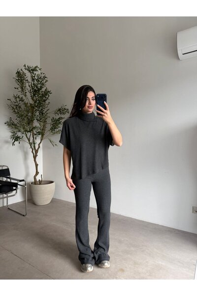 Bade Butik Anthracite Asymmetric Cut Flared F Corded Fabric Set