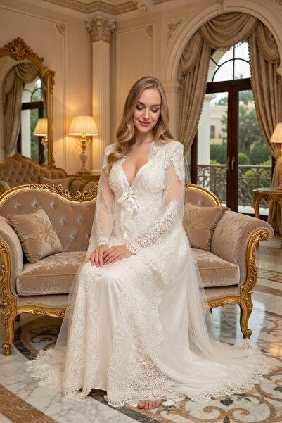 big mama Luxury Lace Piece Bridal Dressing Gown - Elegant Silk Touch Long Nig...