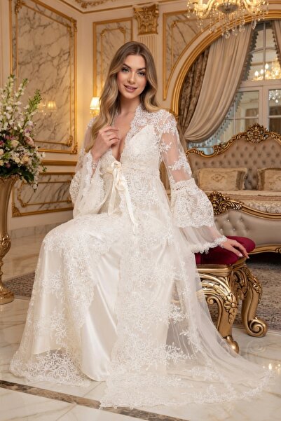 big mama Lüks Dantelli Gelin Sabahlığı - Şık ve Zarif Uzun İpek Saten Gecelik...