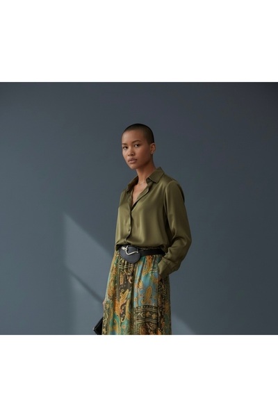 SEMİZ GİYİM Fıstık Yeşil Saten Gömlek