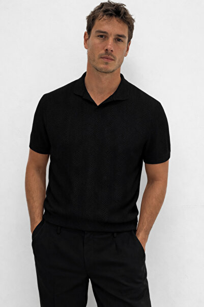 Zimsah Ανδρικό πλεκτό μπλουζάκι με λαιμόκοψη πόλο, μαύρο, καλοκαιρινό, αναπνε...