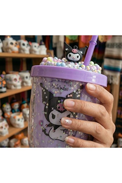 Kuzey Tacı Sanrio "Kuromi" Temalı Pipetli ve Simli Çift Katmanlı Bardak Seti ...