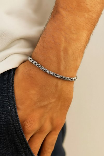 ATALYA ACCESSORY Lufigo Angelus Model 3Mm Kalın Kararmaz Erkek Bileklik Gümüş...