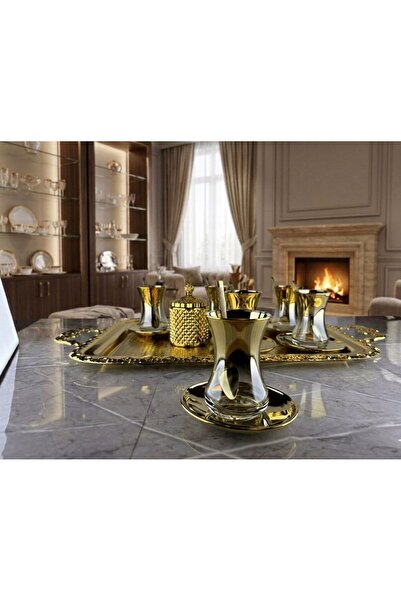 sultaneh 6 Kişilik Tepsili Çay Seti – Gold Lüks Çay Sunum Takımı Misafir Çay ...