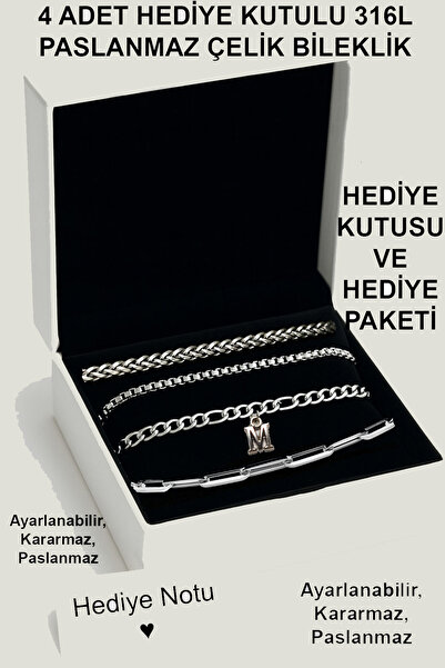renery M HARFİ 4 ADET 316L Paslanmaz, Kararmaz, Unisex, Çelik Bileklik Seti, ...