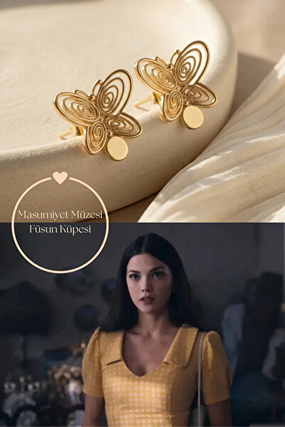 AURRARİ Füsün Masumiyet Müzesi Kelebek Küpe Pullu Altın Kaplama