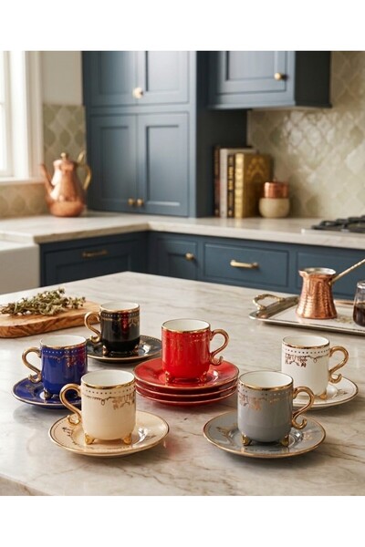AKG TİC 6 Kişilik 12 Parça 6 Renkli Porselen Kahve Fincan Takımı