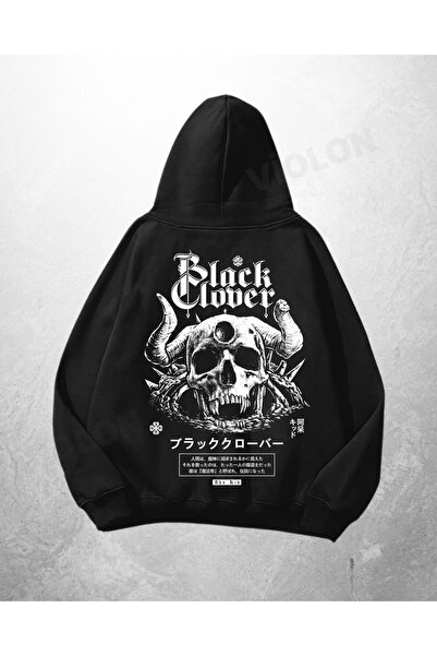 Bravebell Hanorac negru unisex cu imprimeu Black Clover, supradimensionat