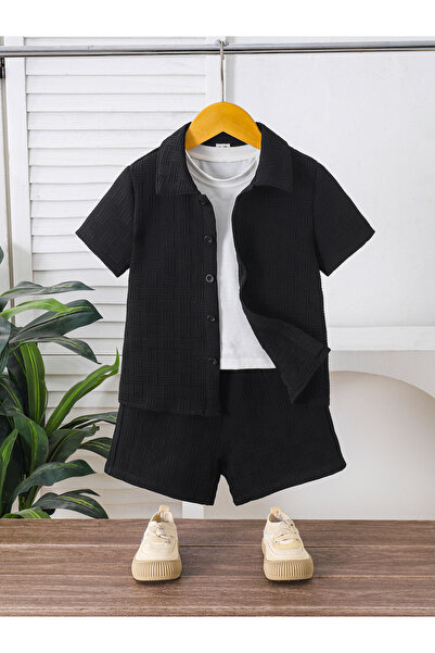 Take Two By Styli Boys Black Short Sleeve Shirt and Shorts Set