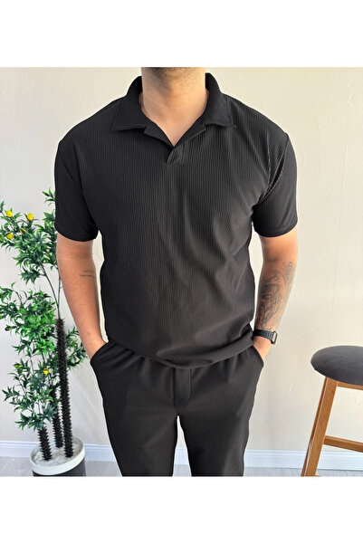 blucombin Corded Fabric Ottoman Fabric Open Collar T-Shirt Wide Cut