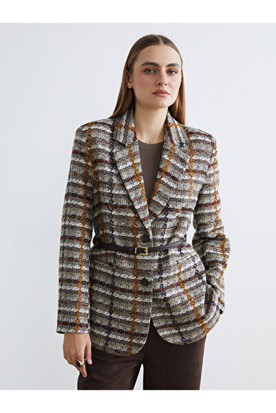 LC Waikiki Peak New Season Plaid Belted Women's Tweed Blazer Jacket