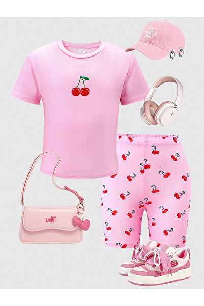 Take Two By Styli Girls Pink Cherry Print T-Shirt and Shorts Set