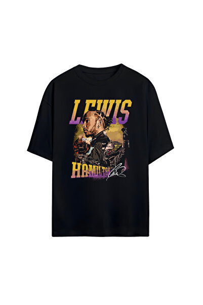 STİL-X Tricou oversize unisex cu imprimeu Lewis Hamilton, 100% bumbac