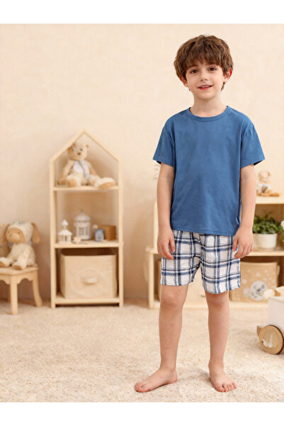 Take Two By Styli Boys Blue T-Shirt and Checkered Shorts Pyjama Set