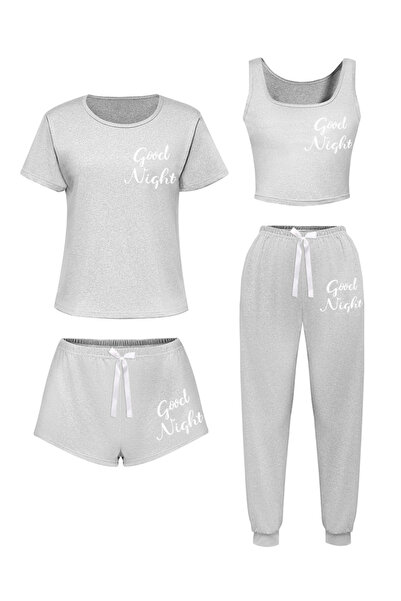 Take Two By Styli Pack of 4 - Slogan Text Print T-Shirt, Cami, Shorts and Pyj...