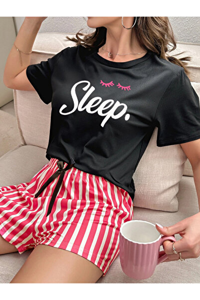 Take Two By Styli Black Slogan Text Print T-Shirt and Striped Shorts Set