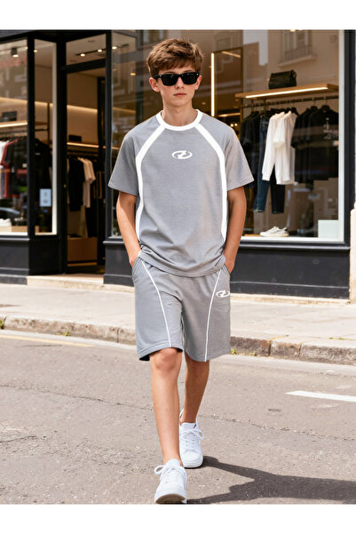 Take Two By Styli Boys Grey Color Block T-Shirt and Shorts Set