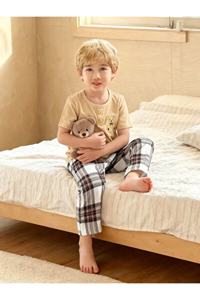Take Two By Styli Boys Bear Print T-Shirt and Checked Pyjama Set