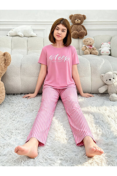 Take Two By Styli Pink Text Print T-Shirt and Striped Pyjama Set