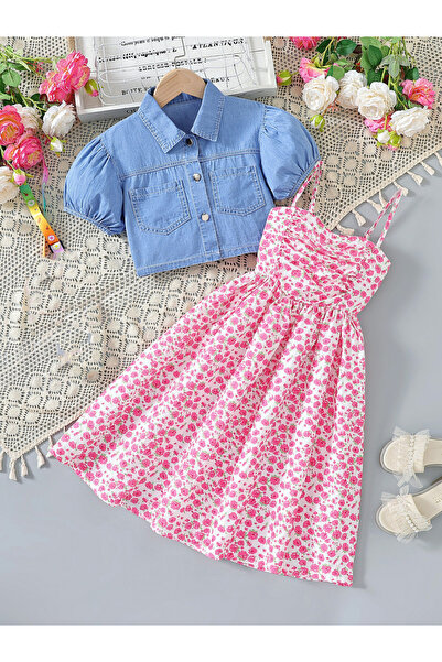 Take Two By Styli Girls Floral Strappy Dress and Denim Jacket Set