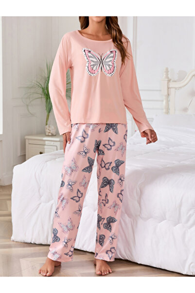 Take Two By Styli Light Pink Butterfly Print T-Shirt and Pyjama Set