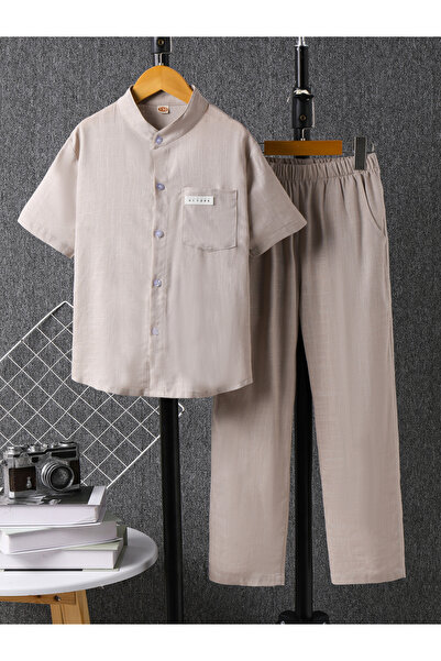 Take Two By Styli Boys Beige Linen-Look Shirt and Trousers Set