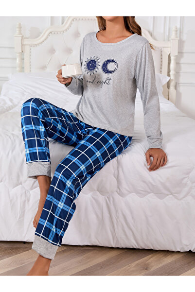 Take Two By Styli Grey Moon Star Graphic T-Shirt and Checked Pyjama Set