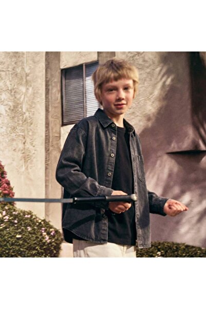 Motebarn Wear Boy's Anthracite Washed Denim Shirt and Basic Black T-Shirt