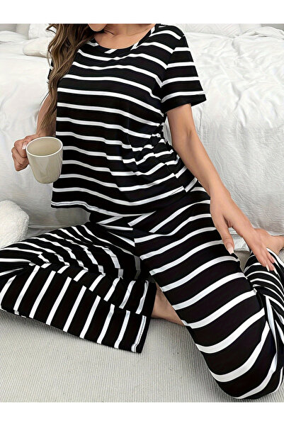 Take Two By Styli Black Striped Round Neck T-Shirt and Pyjama Set