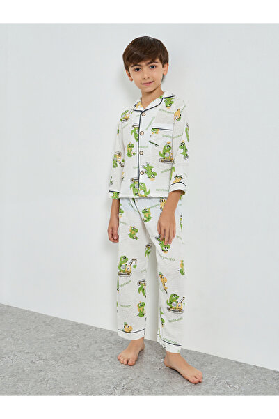 Styli Boys Dino Print Button Front Shirt and Pjyama Set