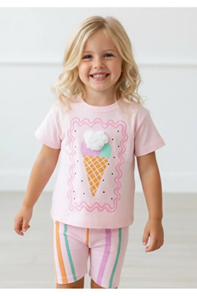 Yerli Dondurma Patterned Girls' Summer Top and Bottom Set