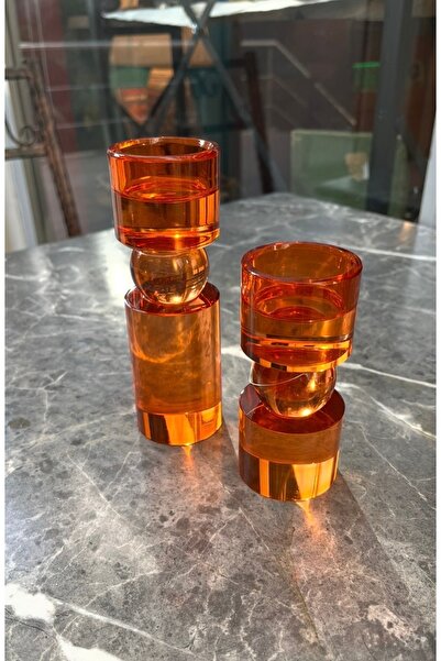 CAM Akrilik Modern Geometrik Şamdan Seti - Turuncu - 2'li