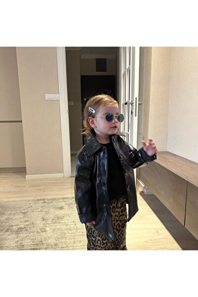 Motebarn Wear Girl's Black Leather-Look Oversized Jacket