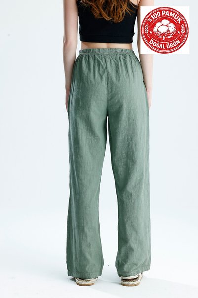 schlank Women's 100% Cotton Palazzo Pants Khaki High Waist Wide Leg Summer Casual Pants
