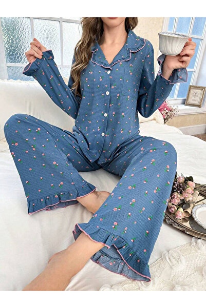 Take Two By Styli Blue Floral Print Shirt and Ruffle Hem Pyjama Set