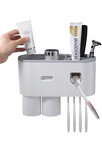 EasyLife موزع معجون أسنان وحامل فرشاة أسنان يُثبت على الحائط مع كوبين مغناطيسيين