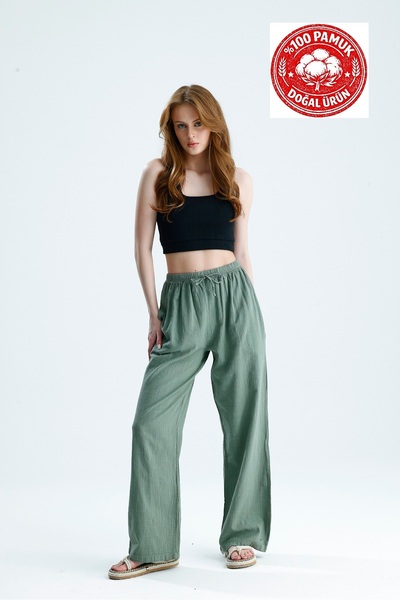 schlank Women's 100% Cotton Palazzo Pants Khaki High Waist Wide Leg Summer Casual Pants