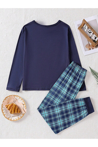Take Two By Styli Boys Navy Blue T-Shirt and Checked Pyjama Set