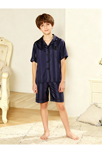 Take Two By Styli Boys Navy Blue Striped Shirt and Shorts Pyjama Set