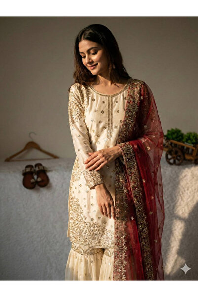 MYSMAR Maroon Silk Top Plazzo & Dupatta - FFT7276- Maroon